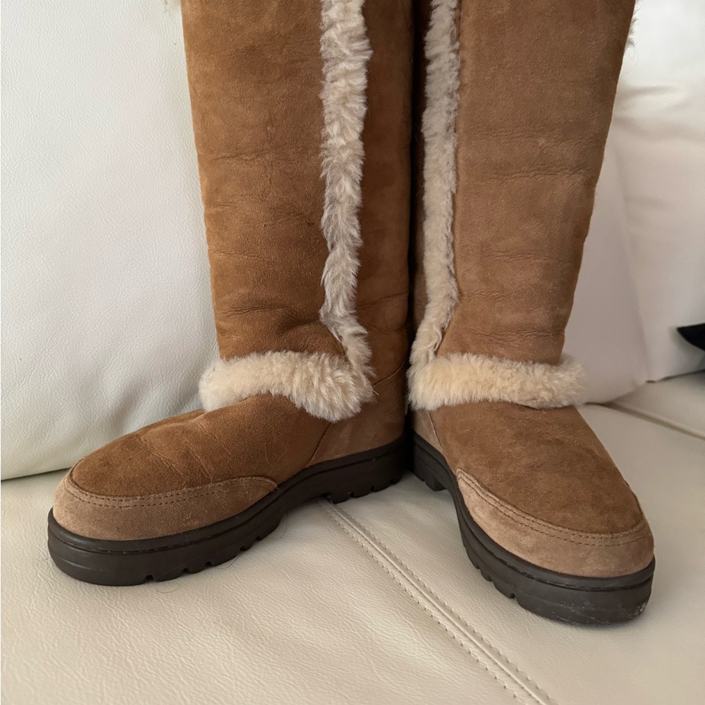 UGG Cozy Tan Suede Boots with Fur Trim